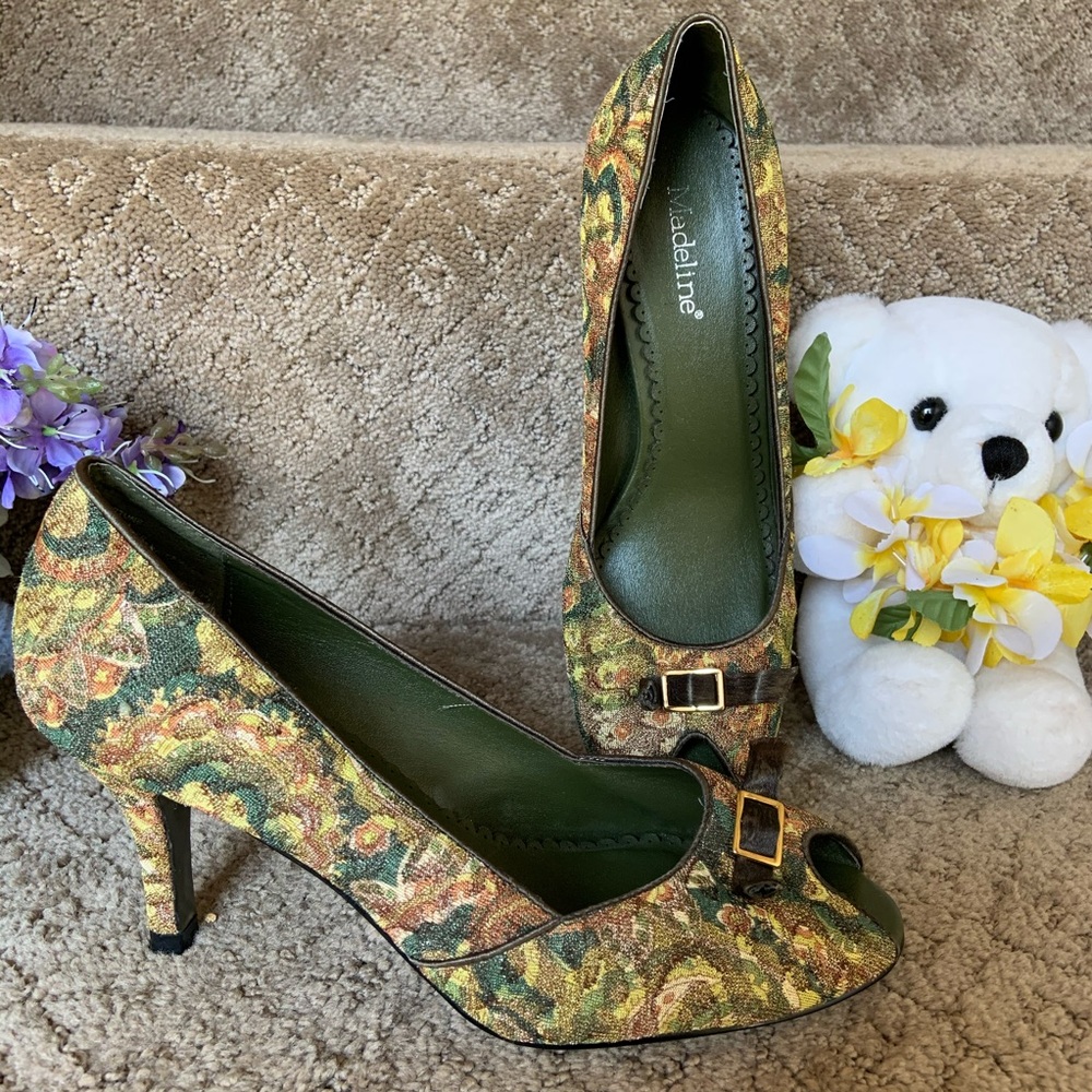Madeline Green and Gold Floral Jacquard Peep-Toe Heels